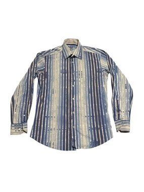 Bugatchi Men Dress Shirt Long Sleeve Button Up Blue Blk Gray Striped No Size Tag